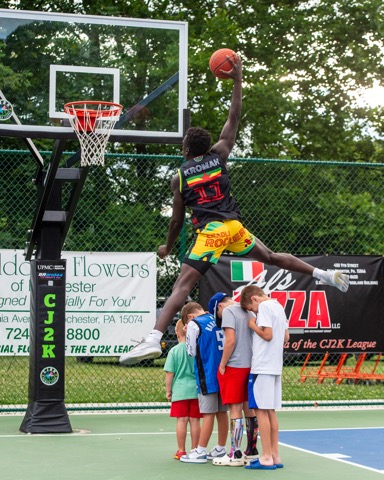 Love this action shot of Dana "DOOM" Kromah jumping over 3 Mystery Judges and a VIP civilian.  Photo captured by honorary CJ2K Slam Dunk Judge, Joe Sabella <a href="/SabSportsShotz/">SabellaSportsShotz</a>! 🔥🔥💥💥📸  #NOCHILL