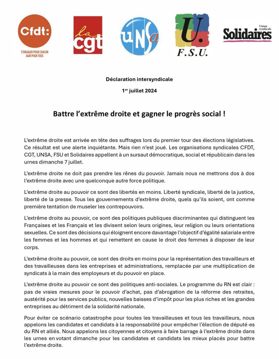 Nous appelons les candidat·es à la responsabilité pour empêcher l’élection de député·es du RN et alliés. 

Nous appelons à faire barrage à l’extrême droite dans les urnes en votant dimanche pour les candidates et candidats les mieux placés pour battre l’extrême droite