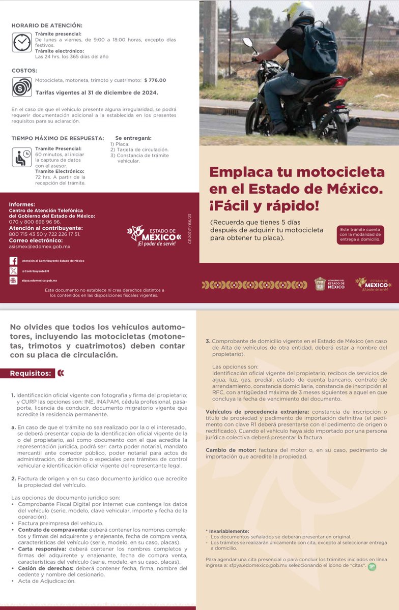 sgvehicular's tweet photo. Ya puedes concluir tu trámite de emplacamiento de tu motocicleta en El Edo de México; ya cuenta con placas de moto! #sgvehicular @sgvehicular https://t.co/B8VZVo6zs1