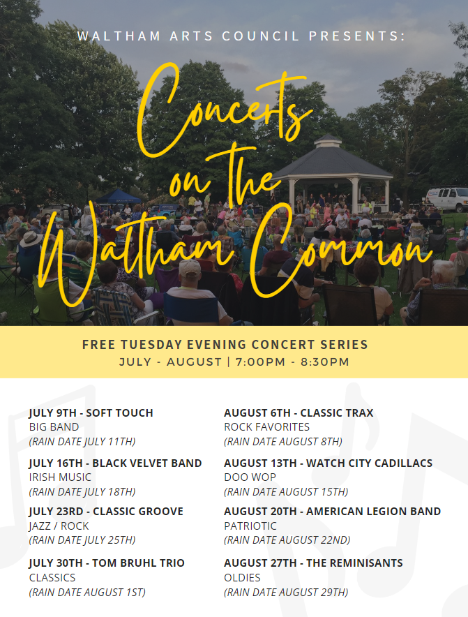 CityofWaltham's tweet photo. Save the dates &amp; join us for Waltham Arts Council's free summer concert series on the Waltham Common! 🎶 https://t.co/lZ6fm1bGIT