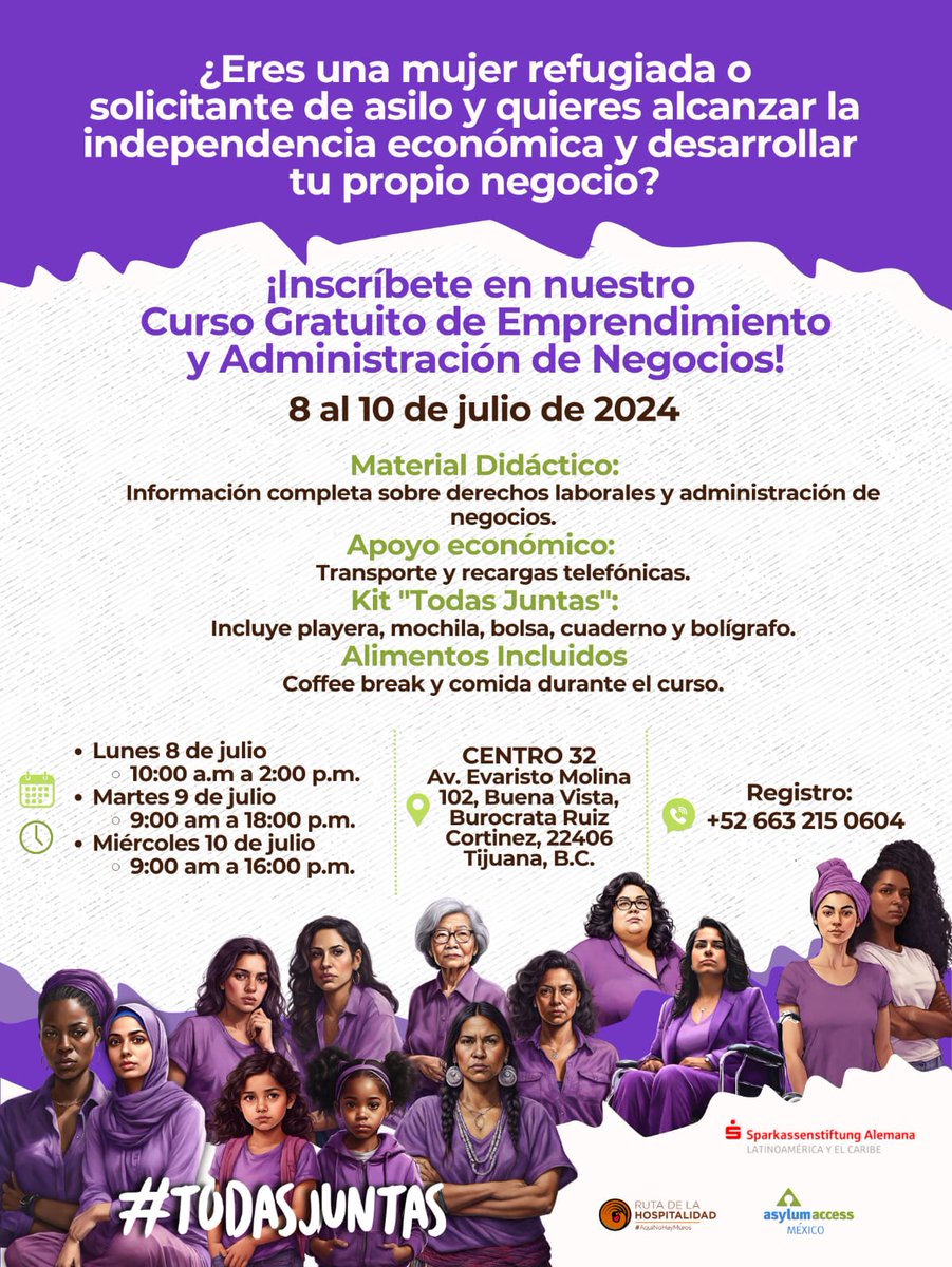 👉Mujeres Refugiadas y Solicitantes de Asilo
Te invitamos al Curso Gratuito de Emprendimiento y Administración de Negocios
8 al 10 de julio 2024
#Inscríbete
<a href="/RHospitalidadMX/">Ruta de la Hospitalidad</a>, <a href="/AsylumAccessMX/">Asylum Access México (AAMX)</a>
