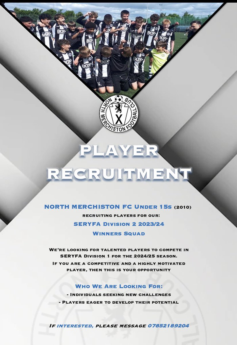 Our league winners NMFC 2010s team are RECRUITING NOW! Playing in SERYFA Division 1, looking for talented individuals to join our competitive squad. Get in touch for a trial, and join our pre season 14th July

 Contact details below.