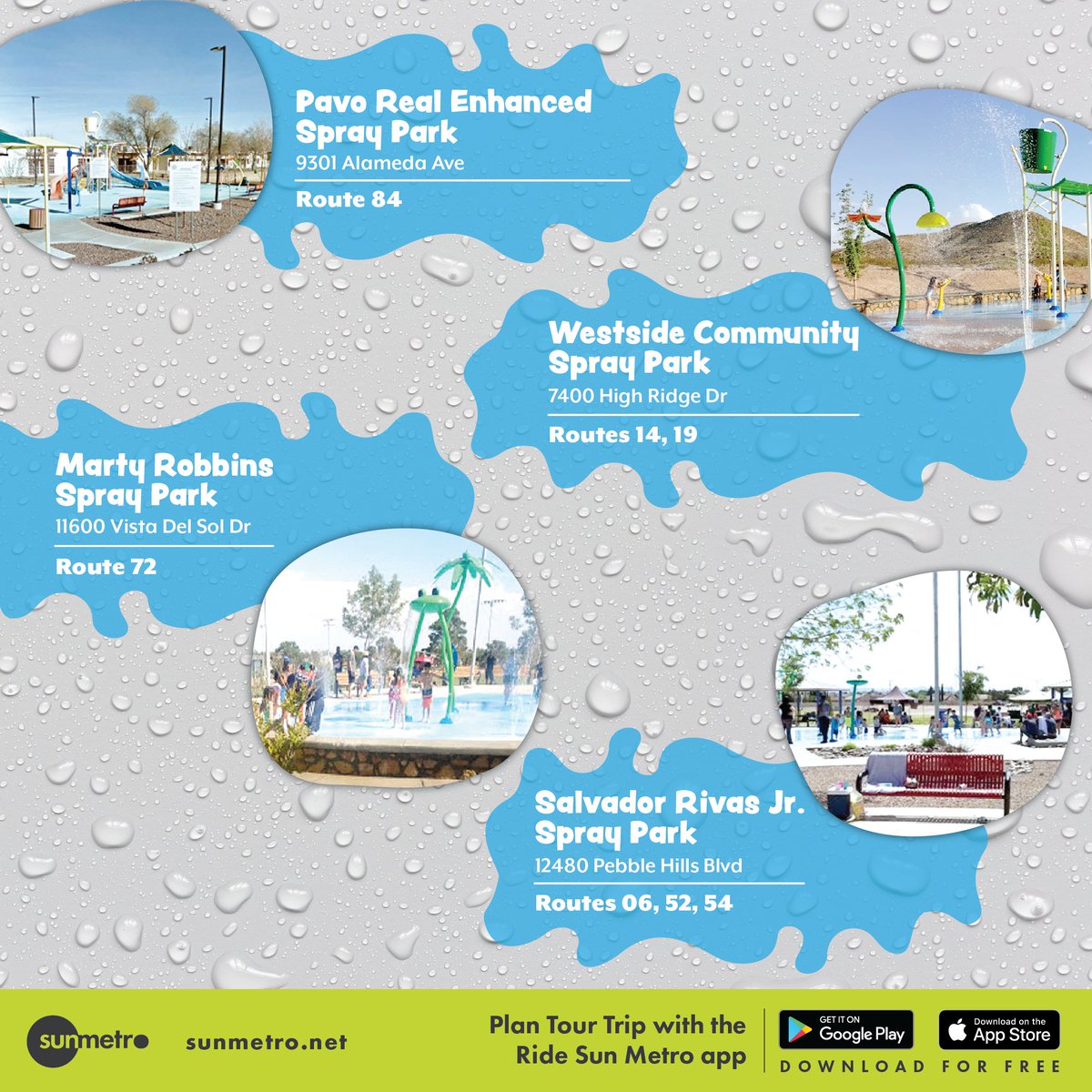 SunMetro's tweet photo. Ride Sun Metro to the Spray Parks! π¦ Download the app: https://t.co/o1xq05nqZT
The El Paso Spray Parks are open daily. Visit https://t.co/8HvgDI2HqX
We offer student fares, and children 5 & under ride FREE!
#summertime #EPTXParks #SprayParks #IAmElPaso #SplashPad #EPTX https://t.co/hJ9BPZl9lM