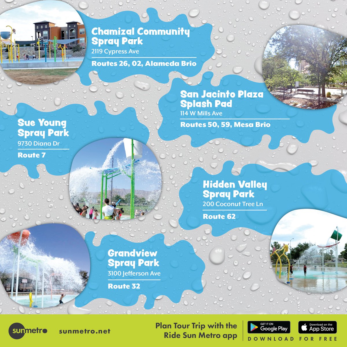 SunMetro's tweet photo. Ride Sun Metro to the Spray Parks! π¦ Download the app: https://t.co/o1xq05nqZT
The El Paso Spray Parks are open daily. Visit https://t.co/8HvgDI2HqX
We offer student fares, and children 5 & under ride FREE!
#summertime #EPTXParks #SprayParks #IAmElPaso #SplashPad #EPTX https://t.co/hJ9BPZl9lM