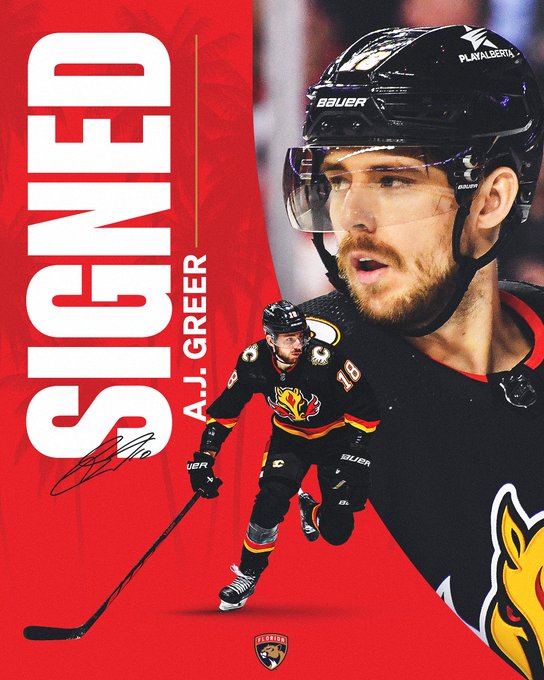 Red graphic with "SIGNED" and "A.J. Greer" in uppercase white letters along the left side. His signature is in black at the bottom.

On the left, a photo of A.J. in a Calgary Flames jersey along with an action photo of him skating. He is wearing a black Calgary uniform in both.