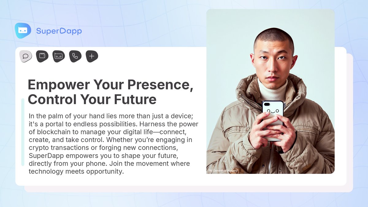 SuperDappAI's tweet image. Count on #SuperDapp to transform your digital life! 🌐

Manage #crypto, connect with your community, and shape your future - all from your phone. With #blockchain tech at your fingertips, the possibilities are endless 🔥

Your digital journey starts at SuperDapp.ai 🚀