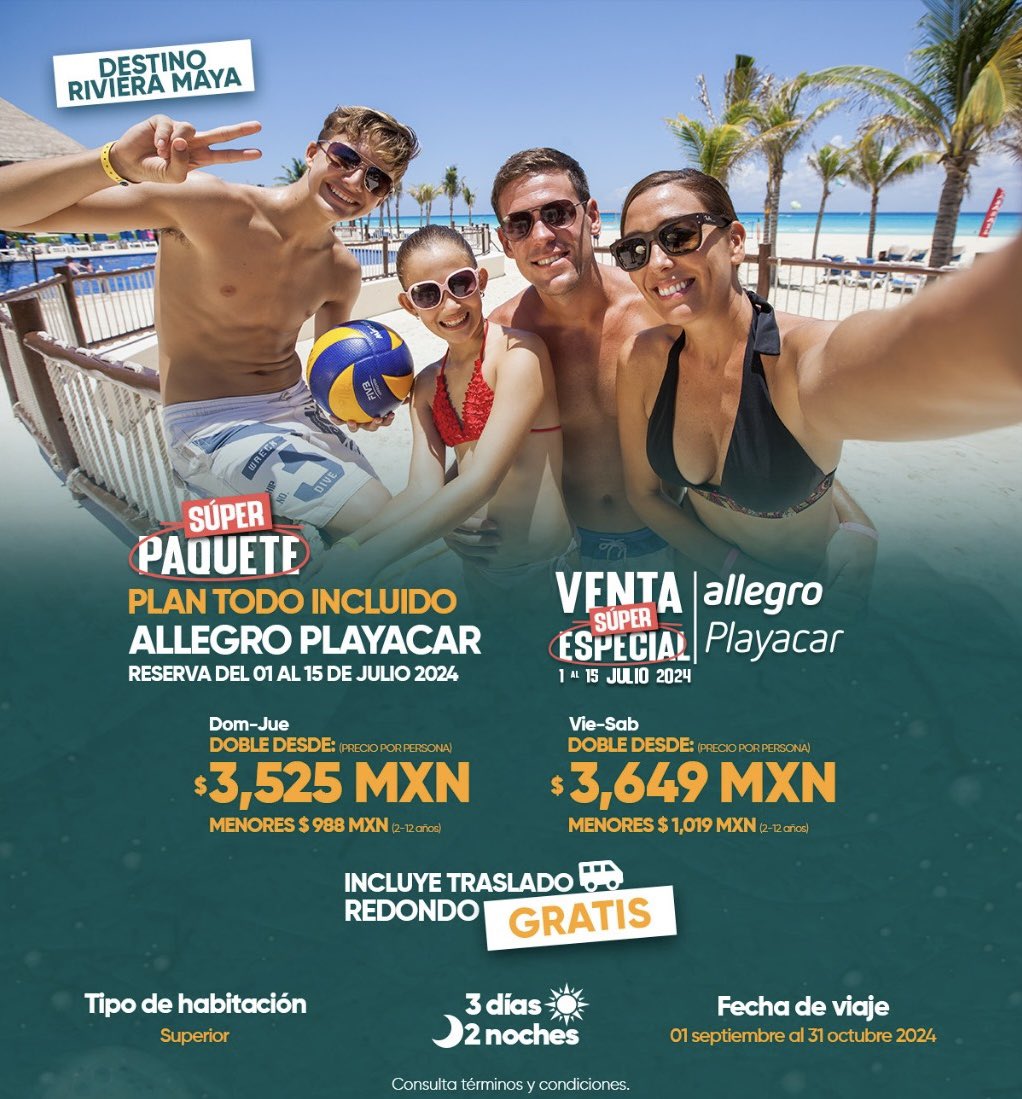 ¡Venta Especial con Allegro Playacar!
Reserva hasta el 15 de Julio.
📲961 359 2086 / 9612557274
•Tarifas sujetas a disponibilidad y cambios.