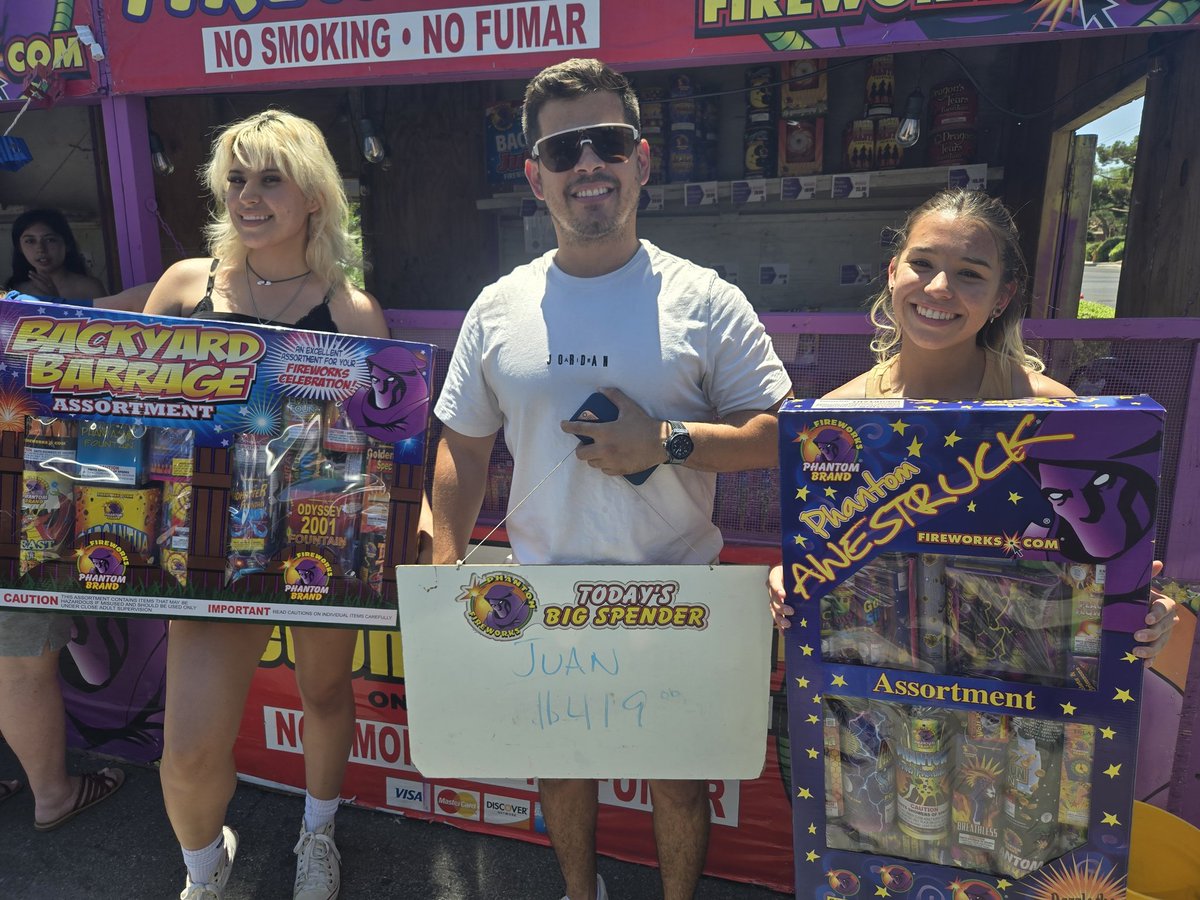 Day #4: We are Open!!! Thank You Juan for being Today's #bigspender and allowing Eldorado Cheer and #Phantomfireworks supply your Holiday fun! Who's next? Located in the  Sunrise Food Mart Parking lot @ Charleston and Sloan.