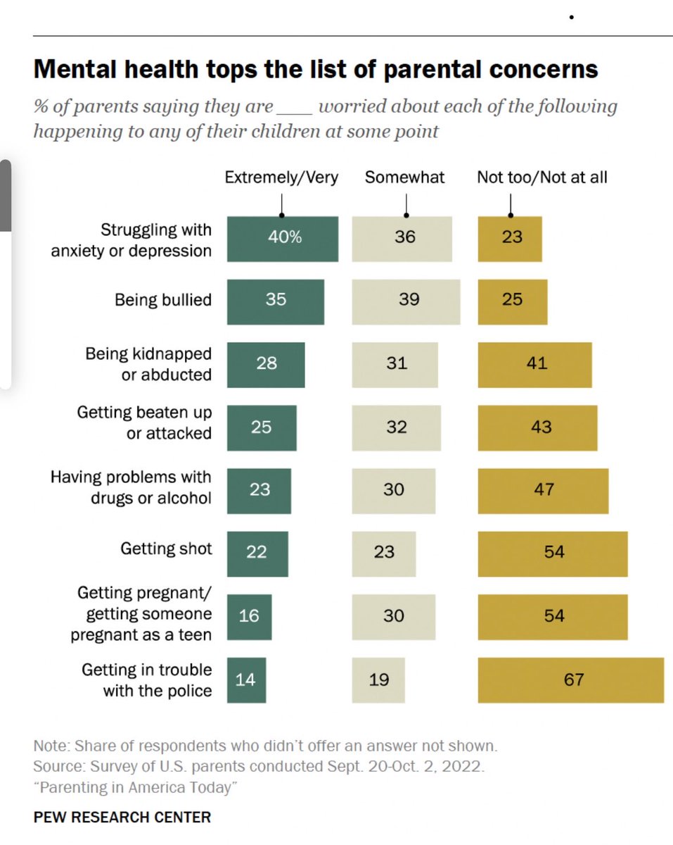 Here is a list of concerns parents have. While mental health concerns top the list, hard to imagine that 45% of parents are concerned that their kid will get shot.