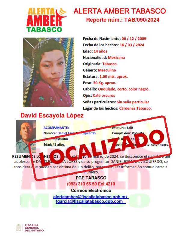Personas Desaparecidas Tabasco, desactiva cédula de alerta amber a nombre del adolescente DAVID ESCAYOLA LOPEZ.