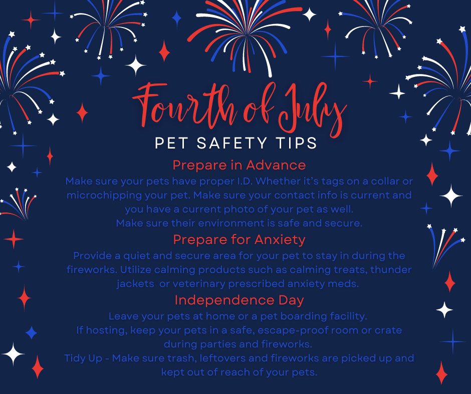 HSHP_Kansas's tweet photo. Independence Day is a great time for family &amp; friends to come together. Most people are prepping for parties &amp; popping off fireworks but keep in mind the 4th of July is terrifying for animals. Make sure you're prepared to provide a secure &amp; less stressful environment for your pet https://t.co/rR2eeb4E16