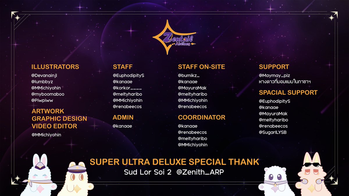 เรียนผู้โดยหางทุกท่าน

เที่ยวบินในครั้งนี้จะเกิดขึ้นไม่ได้เลย หากปราศจากเจ้าหน้าที่ทุกคน ผู้โดยหางทุกท่าน รวมไปถึงกัปตันเซนิท

ทาง #ZentailAirlines หวังอย่างยิ่งว่าทุกท่านจะได้รับความประทับใจในทริปสุดพิเศษนี้กลับไป และหวังว่าจะได้ให้บริการทุกท่านอีกในครั้งหน้าค่ะ