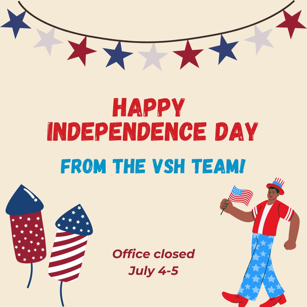 supportworksva's tweet image. Happy Fourth of July from the VSH team! We hope you have a restful holiday.  

Our offices will be closed today and tomorrow.