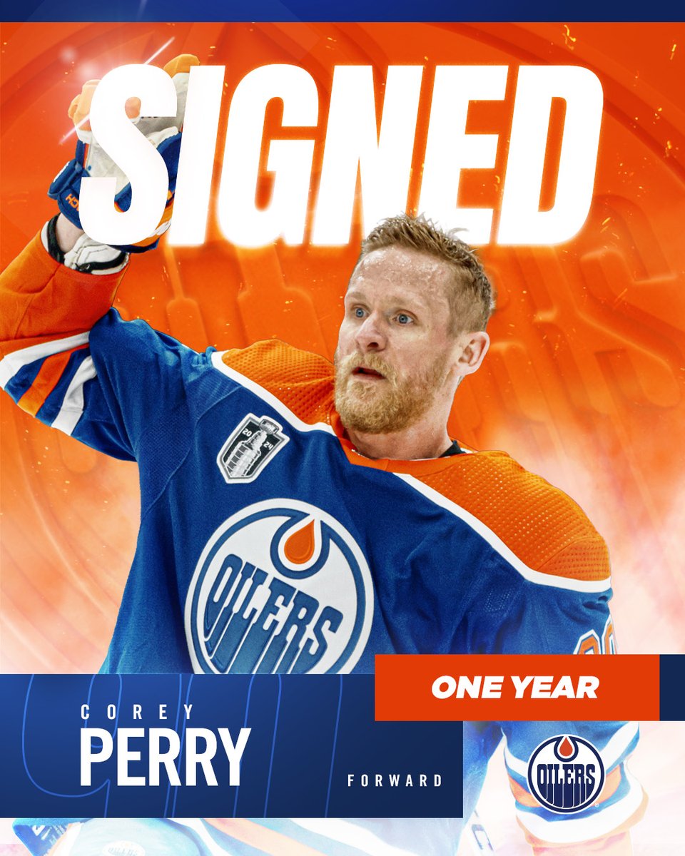 EdmontonOilers's tweet photo. COREY'S CONFIRMED ☑️

The #Oilers have re-signed forward Corey Perry to a one-year, $1.4 million contract.

#LetsGoOilers https://t.co/AJCdfziISZ