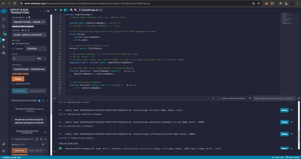 scarcemrk's tweet photo. Just deployed a smart contract on the Sepolia testnet! Huge thanks to @CyfrinUpdraft @PatrickAlphaC and their Solidity 101 course. Excited about this milestone and focused on achieving the next! 🚀💻 #Blockchain #SmartContract #SepoliaTestnet #Solidity https://t.co/D5if6i0emJ