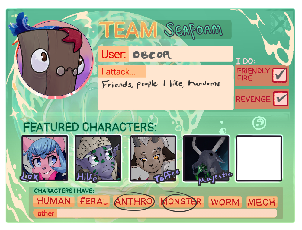OBCOR_ART's tweet photo. Joining #Artfight for team Seafoam! Hoping to get some drawings done after a long break. https://t.co/IgUyEFtmFG