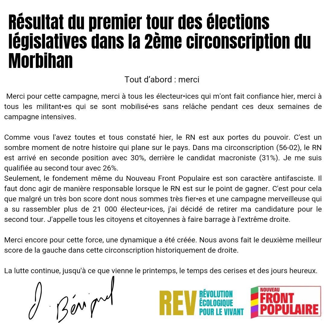 📣 J'annonce mon désistement pour le second tour des #electionslegislatives2024 dans la circonscription 56-02.

Merci encore à toutes et à tous pour cette campagne et ce très bon score.

La lutte continue ! 

Le 7 juillet, on fait barrage à l'extrême droite #NouveauFrontPopulaire