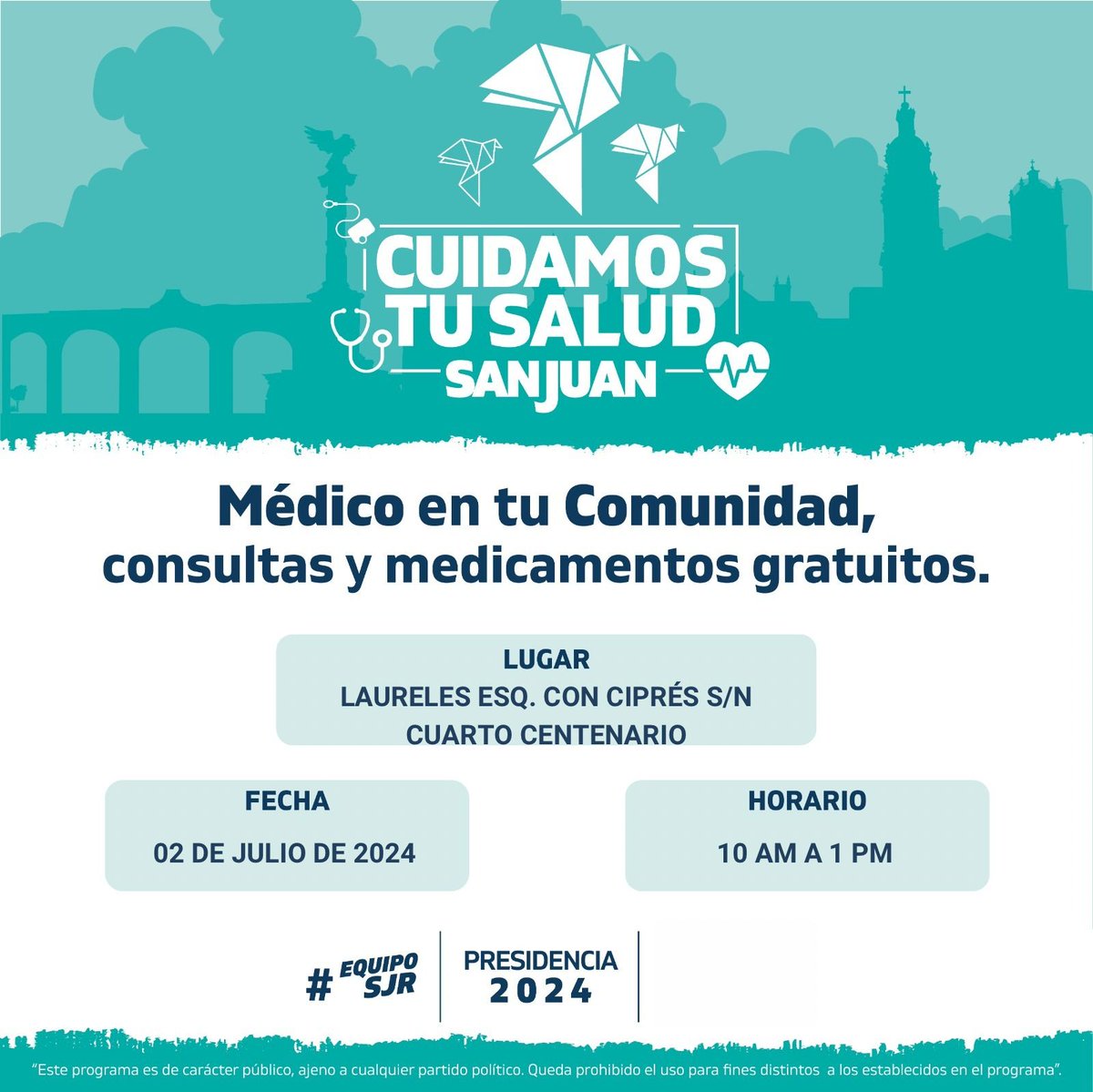 PresidenciaSjr's tweet photo. 👉 Te invitamos a recibir consultas y medicamentos con "Médico en tu Comunidad". Asiste este martes 02 de julio, de 10 AM a 1 PM, y aprovecha este servicio para cuidar de tu salud. #EquipoSJR #Presidencia2024 🩺 https://t.co/JTFENjMbao