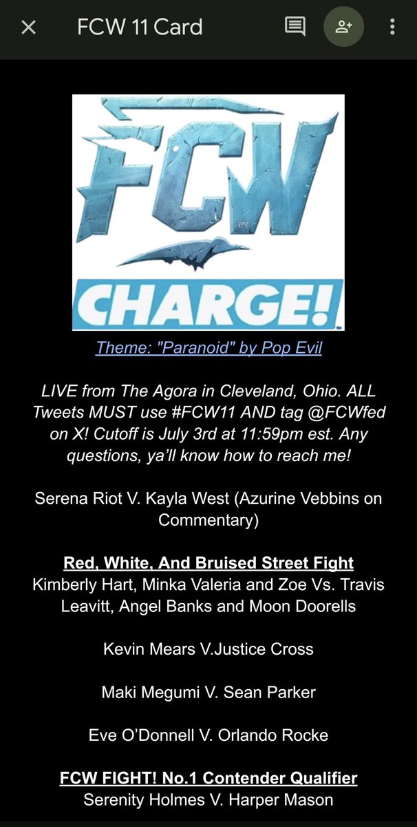 FCWfed's tweet image. BREAKING:

The card for #FCW11 is LIVE! Who will be number one contender? We find out as #CC24 Approaches!