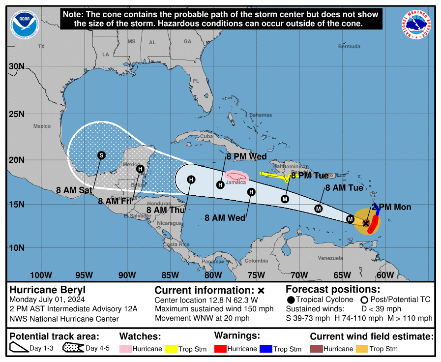 TropicalTidbits's tweet photo. For #Jamaica, #Hispaniola, and the #CaymanIslands, subtle details of Hurricane #Beryl's trajectory during Monday and Tuesday could determine whether a direct hit occurs.

Plotted below is the current satellite image and some of the major 12Z model forecasts. So far Beryl is basically on track, but hurricanes naturally wobble and track predictions are not perfect. Any northward nudge that persists through Tuesday would increase risks to the northern Caribbean. Be prepared just in case a track shift occurs.