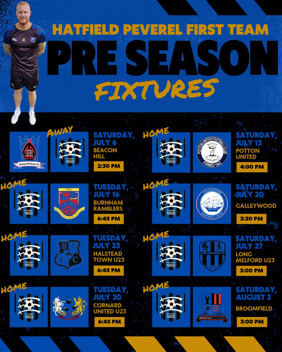 HPFC_1903's tweet photo. Delighted to confirm our Preseason Schedule for both our 1st and Reserve team. All tough fixtures but looking forward to getting going, starting this Saturday with a double-header away to our neighbours @Beacon_hill2023 ⚽️🔵⚫ https://t.co/HrK39xwvMM