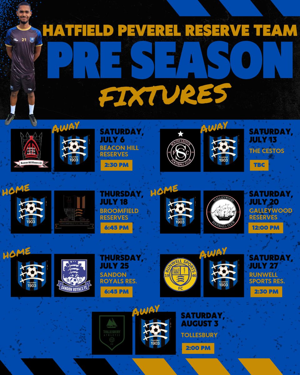 HPFC_1903's tweet photo. Delighted to confirm our Preseason Schedule for both our 1st and Reserve team. All tough fixtures but looking forward to getting going, starting this Saturday with a double-header away to our neighbours @Beacon_hill2023 ⚽️🔵⚫ https://t.co/HrK39xwvMM