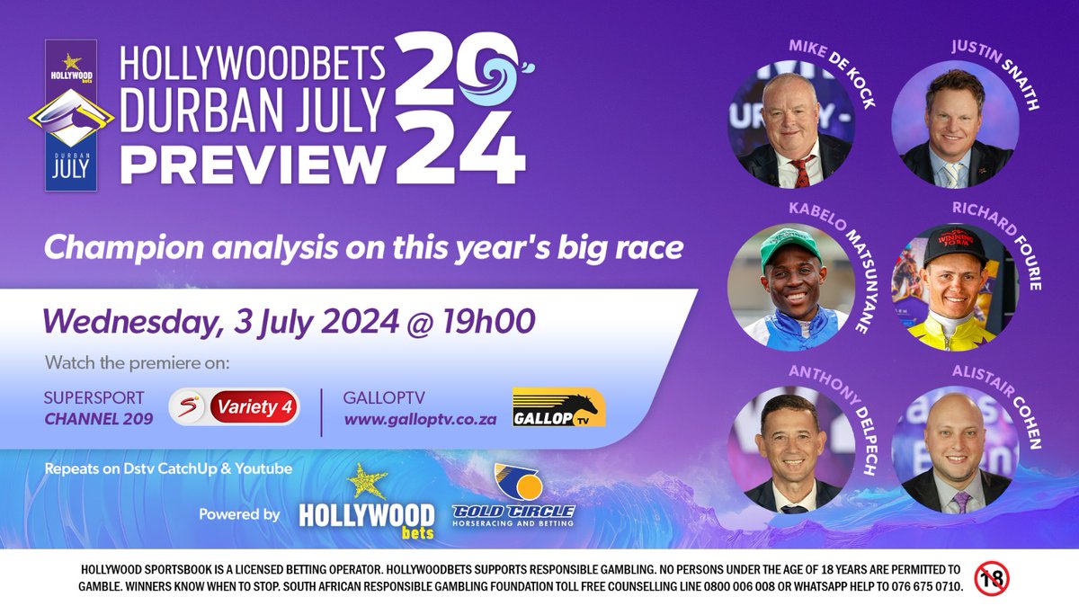 RacecallerCohen's tweet image. Official Hollywoodbets Durban July discussion to air on Wednesday night channel 209. You don't want to miss it. With a panel like this, you will be sufficiently entertained and hopefully we've found the winner