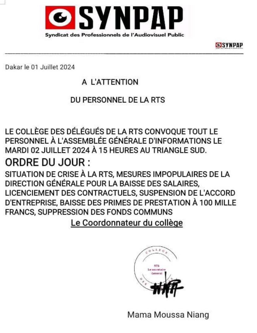 Maamekhalifaaa's tweet photo. #RTS : Le note de service de #Pape_Alé_Niang et l’appel à une assemblée générale d’information pour une situation de crise du #SYNPAP https://t.co/ImIpWmIT6Z