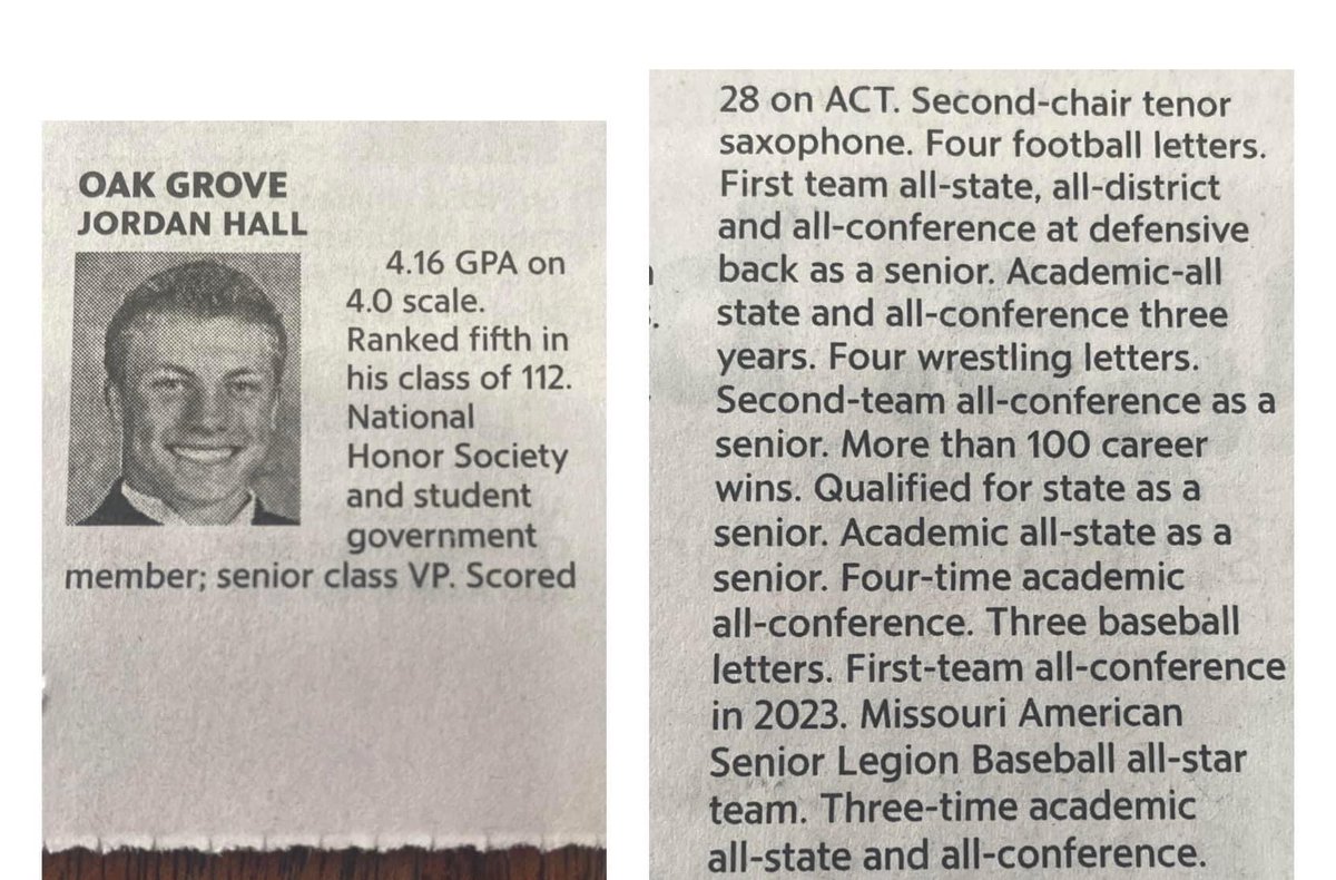 Jordan Hall (@jordan_hall712) on Twitter photo I’m extremely honored and blessed to have been named Oak Grove High School’s 2024 KC Star Scholar-Athlete! This is such a great accolade to officially end my high school career. I can’t wait for what’s ahead <a href="/BakerU_Football/">Baker University Football</a>! I’m extremely honored and blessed to have been named Oak Grove High School’s 2024 KC Star Scholar-Athlete! This is such a great accolade to officially end my high school career. I can’t wait for what’s ahead <a href="/BakerU_Football/">Baker University Football</a>!
