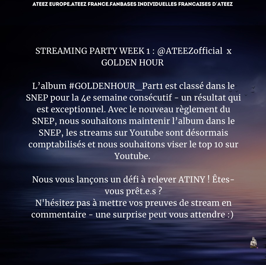 SanAteez_france's tweet photo. 01/07/24 ▶ SNEP | #ATEEZ #GOLDENHOUR_Part1 #GoldenHourWithSNEP
ATINYs ! Cela fait déjà 4 semaines que l'album est classé dans le SNEP, merci beaucoup ! 🫶🏻
Afin de continuer sur cette lancée, nous vous lançons un défi... Êtes-vous prêt.e.s ? 👀
SAN 산 - France > Byeol https://t.co/Cag0YFHhRc
