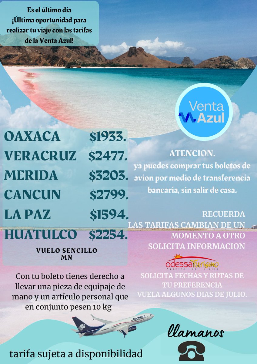 odessaturismo's tweet photo. ¡Última oportunidad! ✈️✨
Hoy es el último día para aprovechar las increíbles promociones de la Tarifa Azul de Aeroméxico.
#ViajaConAeroméxico #TarifaAzul #ÚltimoDía #Promociones #NoTeLoPierdas https://t.co/nKFSgfLEQw