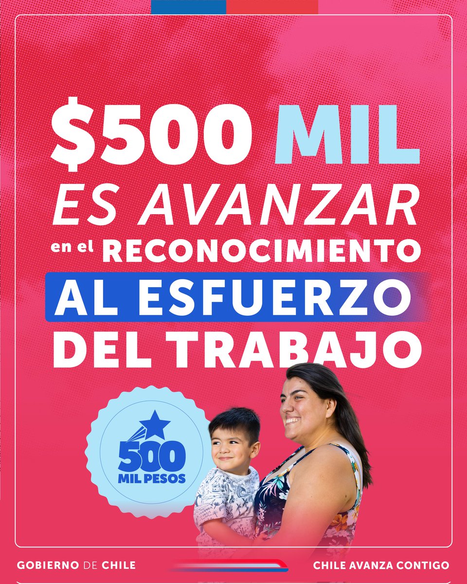 Hoy damos un gran paso para trabajadoras y trabajadores, porque #500MilEsAvanzar, cumplimos con aumento del #SueldoMínimo de $350 mil a $500 mil, la mayor alza en dos décadas. 
⬆️ Este incremento beneficiará a alrededor de 800 mil personas.