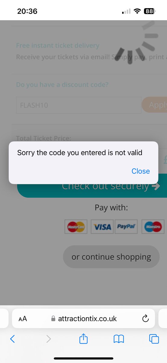 KellyHeath0502's tweet photo. @attractiontix can you tell me why the 10% discount code doesn’t work when your email states valid until midnight on 1st July 2024? https://t.co/OpIEuk1E6K