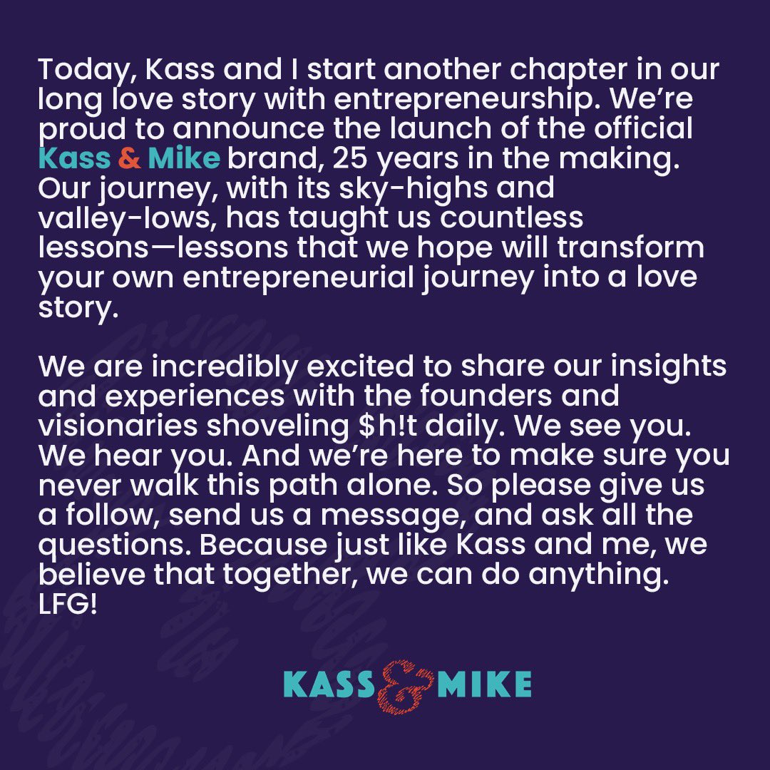 I am very proud to announce the launch of <a href="/kass_and_mike/">Kass & Mike Lazerow</a> . Please give us a follow on your channel of choice (ideally all of them) as we delve into the messy path to entrepreneurial success. Dig in. 🚀 

<a href="/garyvee/">Gary Vaynerchuk</a> <a href="/TimFerrissShow/">The Tim Ferriss Show</a> <a href="/reidhoffman/">Reid Hoffman</a> <a href="/richardbranson/">Richard Branson</a> <a href="/TonyRobbins/">Tony Robbins</a>