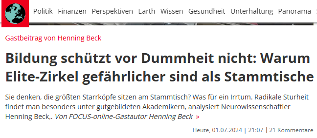 GudrunUSchmidt's tweet photo. Hard to say
I told you so 
@focusonline 
"Radikale Sturheit findet man besonders unter gut gebildeten Akademikern" https://t.co/QsJVjPIDTh
