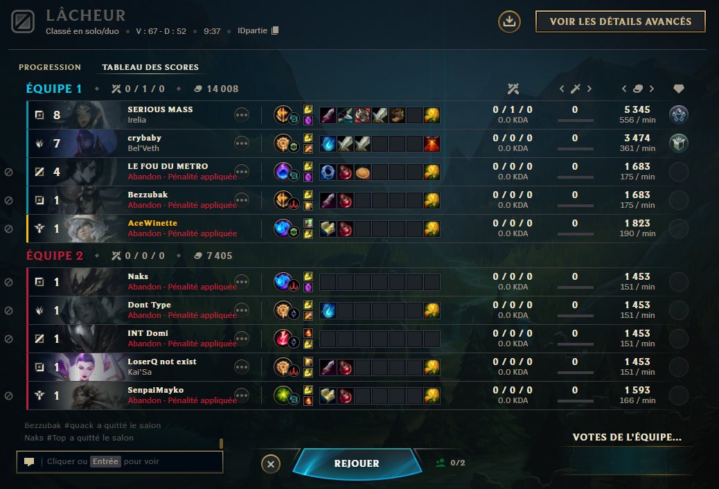 SulfiXx_LoL's tweet photo. Bonsoir @RiotSupportFR 
La Irelia dans cette game a trouvé un bug sympathique 😋😋
Elle fait littéralement crash tous les joueurs de la game en faisant freeze le jeu, on ne peut plus se reconnecter car le freeze revient par la suite en champselect .
Pouvez vous faire qlq chose ? https://t.co/5qu839HPQH