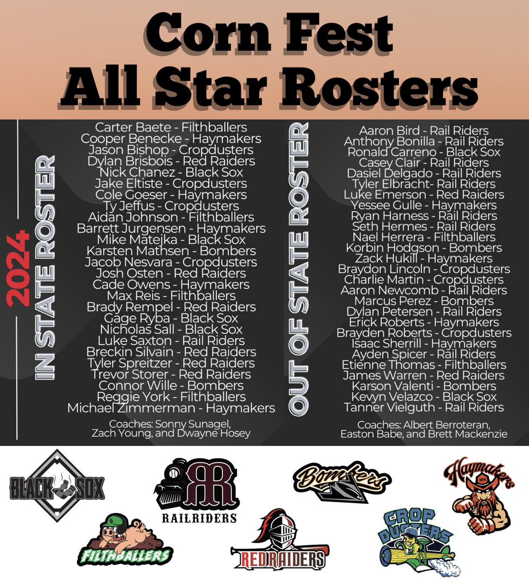Corn Belt League All Star Rosters

Join us July 5th for the annual Corn Fest featuring our All Star Game set for 3pm on Friday. A day we look forward to every year that will feature the best grilled corn on the cob, raffle prizes, host family recognition, and a whole lot more!