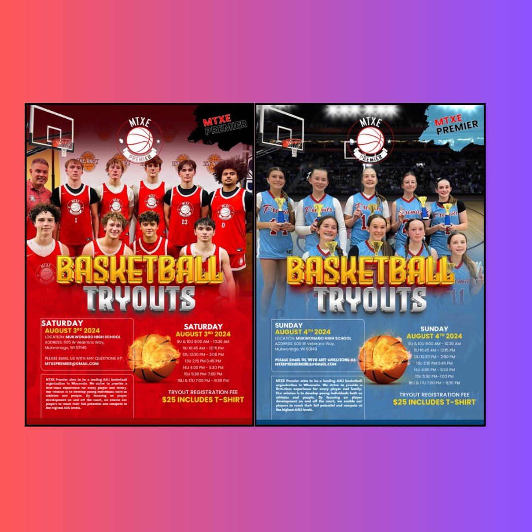 📣 MTXE Premier 2025 Tryouts Announced! 📣

🏀 Boys: Saturday, August 3rd
🏀 Girls: Sunday, August 4th

📍 Where: Mukwonago High School

🔗 Register here: mtxepremier.sportngin.com/register/form/…