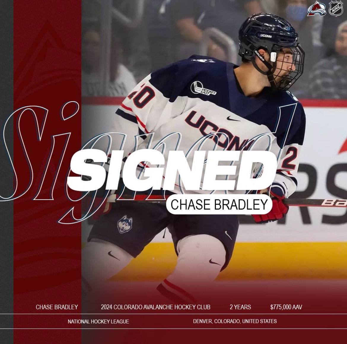 📝 𝙎𝙄𝙂𝙉𝙀𝘿: Avalanche have signed forward Chase Bradley to a 2 year entry level contract. 
A 2020 NHL Draft pick, selected at 203 overall by the Red Wings. The 22 year old spent this past season playing at the University of Connecticut.
Welcome to Colorado Chase!
-
#GoAvsGo