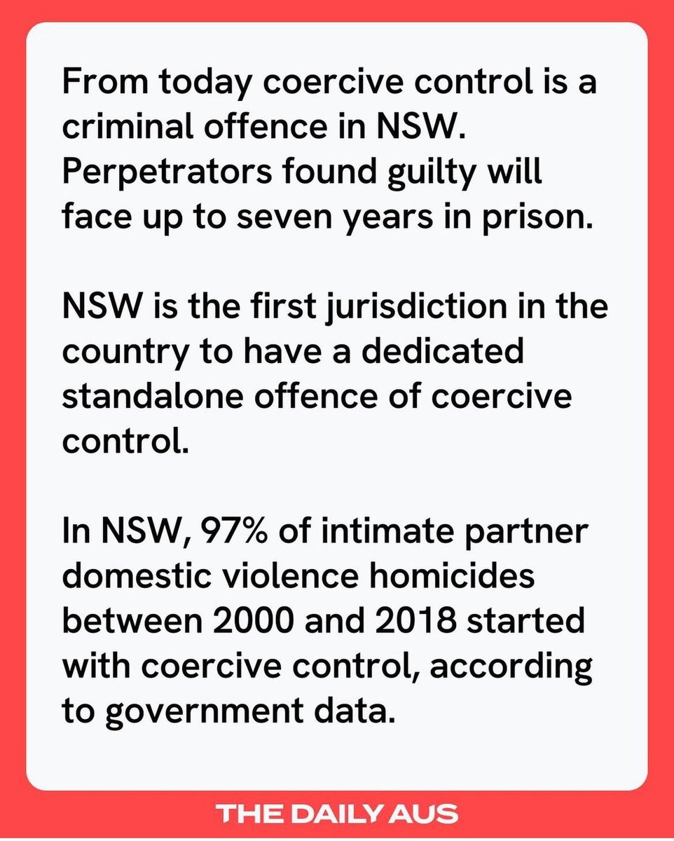 laurarichards99's tweet photo. Good News Australia 👏🏼 From today #CoerciveControl is a criminal offence in New South Wales. 

It’s an extremely dangerous behaviour &amp; correlates with suicide, femicide &amp; familicide. Expert led face to face training is critical to the success of the new law @thecrimeanalyst https://t.co/HnQYrArXPI