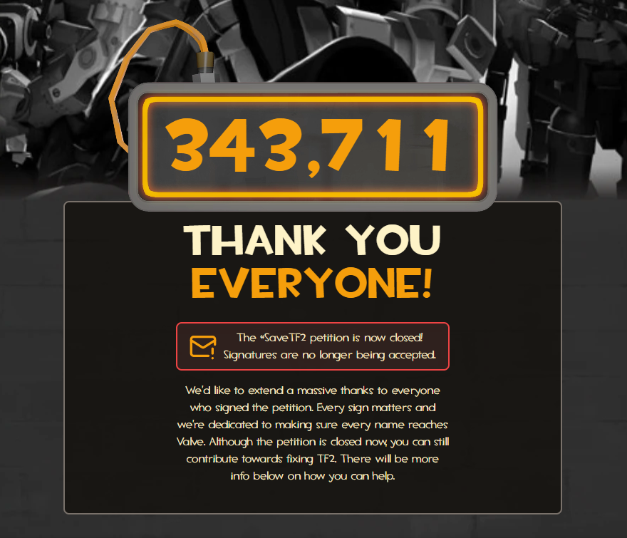 Thewhat89's tweet photo. 343,711 signers is the final tally for the #FixTF2 petition. That's a lotta people.

Looking at the data, we have reason to believe that nearly everyone (>99%) who signed was genuine, and very little suspicious behavior actually made it through.

Thanks everyone, truly! https://t.co/GBP9GtivVO