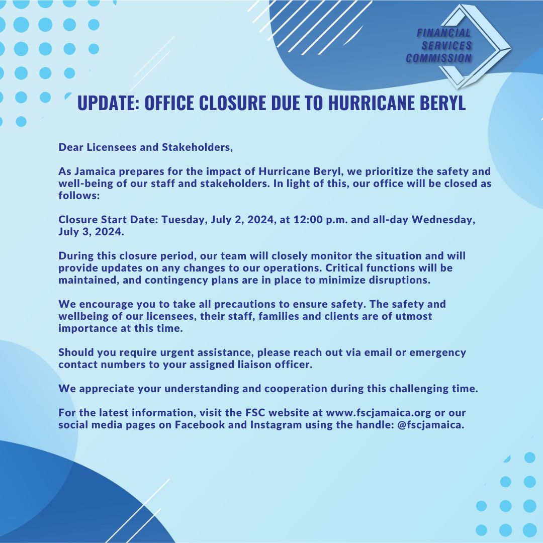🚨 IMPORTANT NOTICE 🚨

Due to Hurricane Beryl, our office will be closed starting Tuesday, July 2, 2024, at 12:00 p.m., and all day Wednesday, July 3, 2024. During this period, we will continue to monitor the situation and keep you informed of any updates.