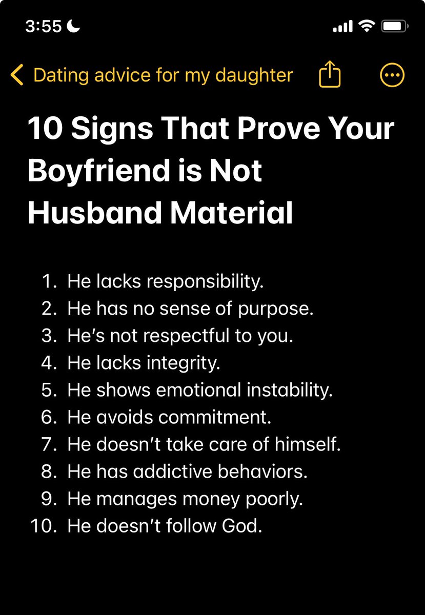 BrandonMPatton's tweet image. Most men won’t like this take.

As a husband and girl dad, I know the signs.

Your boyfriend might not be husband material.

Check if he fits these 10 signs
