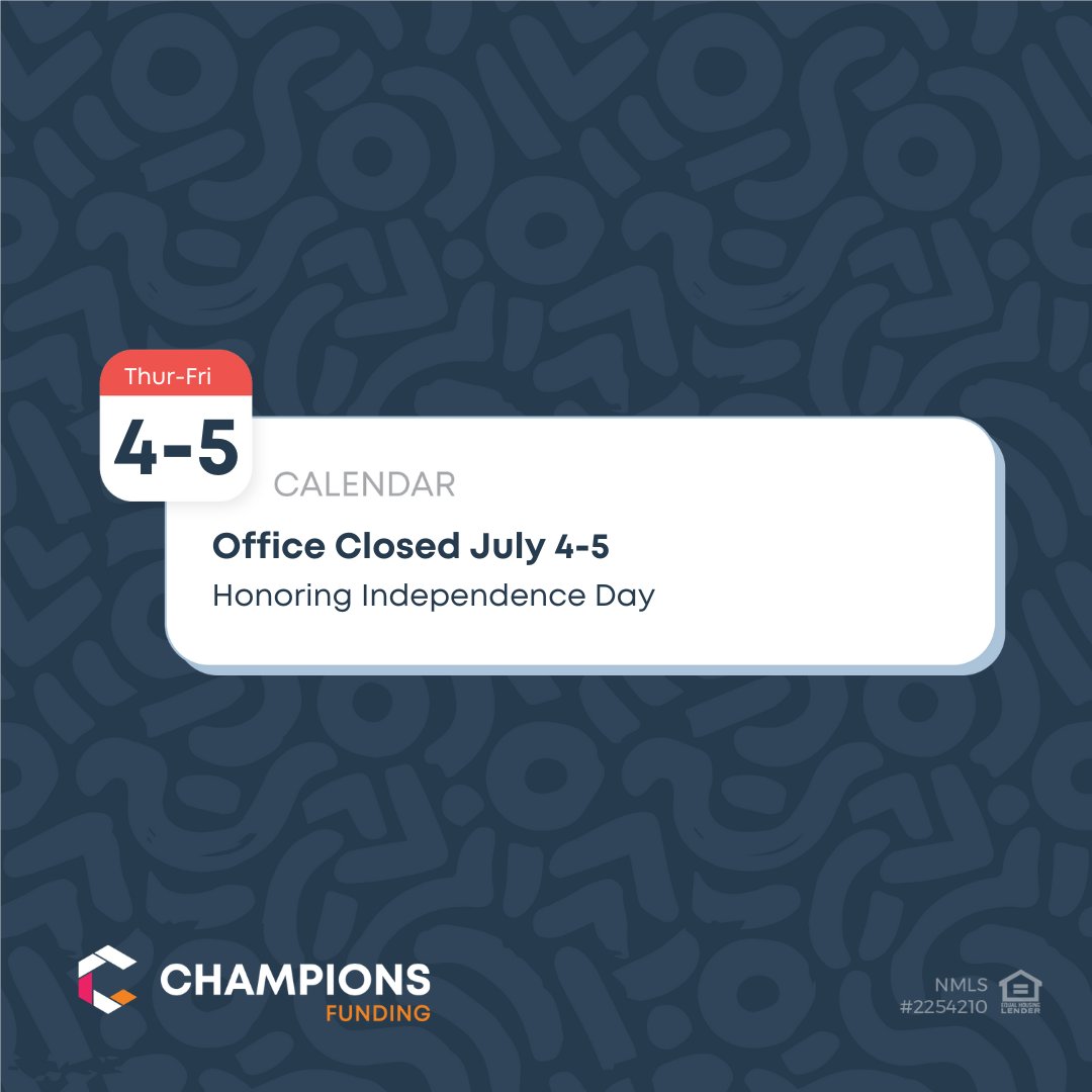 ChampsTPO's tweet photo. Celebrating the red, white, and blue for two days! ❤️🤍💙

Champions Funding will be closed on Thursday, July 4th AND Friday, July 5th in observance of Independence Day.  We will return to regular business hours on Monday.  

#ChampsTPO #ChampionsFunding #4thofJuly https://t.co/0adSV0A9VC