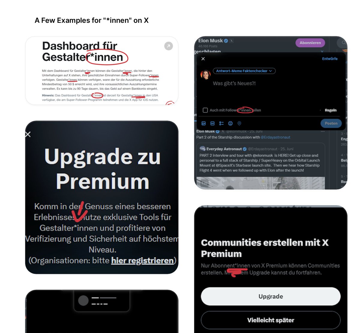 <a href="/elonmusk/">Elon Musk</a> <a href="/marenkahnert/">Maren Kahnert 🦊⚔❤</a> @stillgray The platform itself is using gender speech in germany. *Innen is a german version of "they/them"-pronouns, and german X uses it whenever it's talking about its users. 
"Gendern" is the german verb for it, and no real person in germany is talking this way. Even the majority of