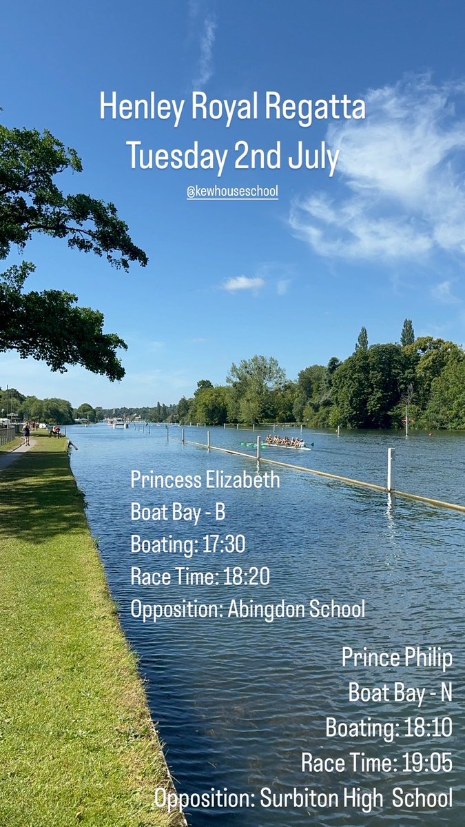 We look forward to welcoming all KHSBC supporters to Henley tomorrow! We wish both our Princess Elizabeth &amp; Prince Philip crews the best of luck! Our senior boys face Abingdon at 6:20pm and our senior girls race for the first time at HRR against Surbiton High School at 7:05pm!