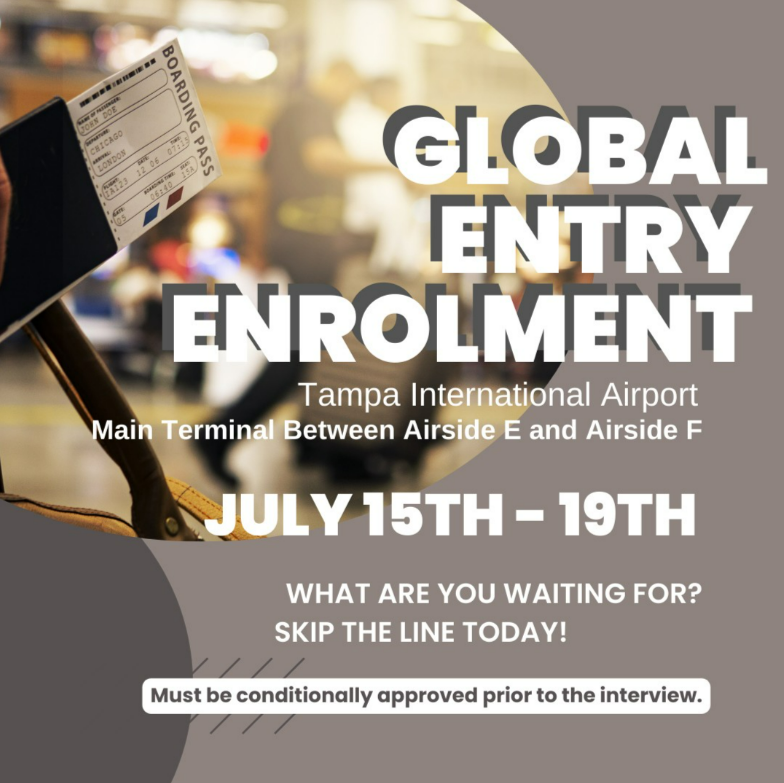 DFOFlorida's tweet image. The Area Port of Tampa is hosting a #GlobalEntry Enrollment Event at Tampa International Airport from July 15, 2024-July 19, 2024. Apply at ttp.cbp.dhs.gov &amp;amp; make your appt. under Tampa International Events Space (Tampa Int’l Events Space) to take advantage of this event.