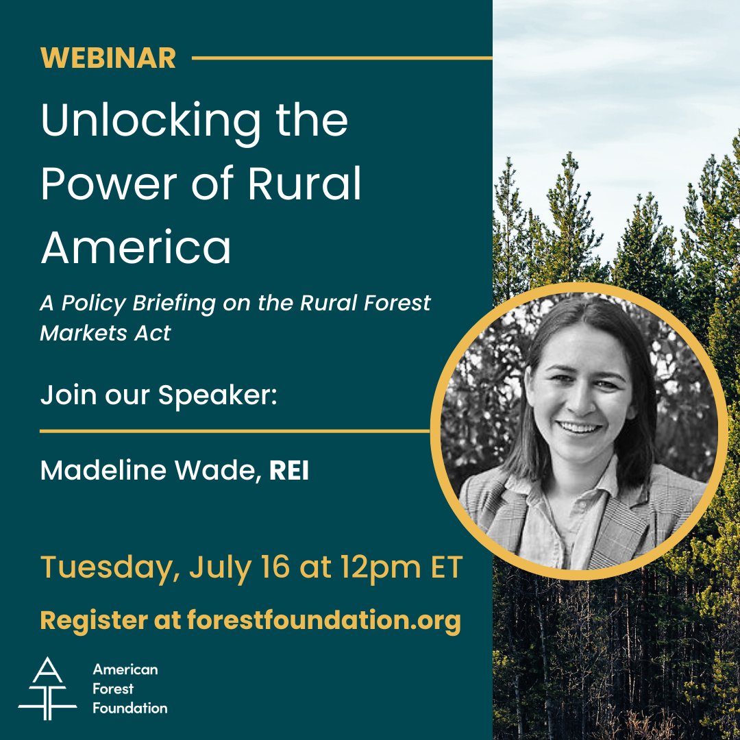 On July 16 at 12pm ET, hear <a href="/REI/">REI</a>'s Madeline Wade offer a unique perspective on how the Rural Forest Markets Act can create the enabling conditions for companies to maximize their climate impact and boost rural economies: forestfoundation-org.zoom.us/webinar/regist…