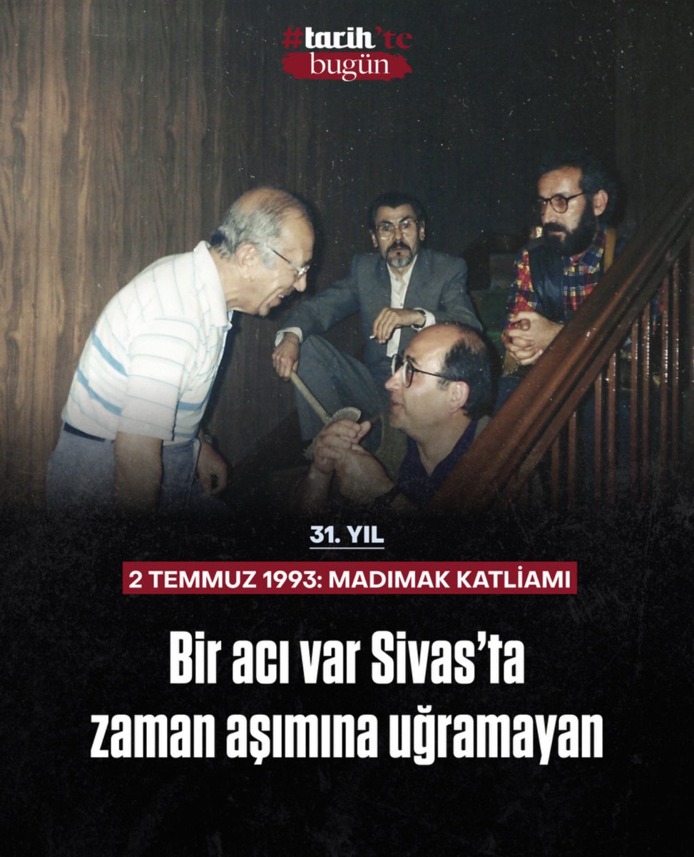tarihdergi's tweet photo. 2 Temmuz 1993 günü Madımak Oteli’nin saldırıya uğrayıp yakılması sonucu, 33 aydın-yazar-sanatçı hayatını kaybetti. 
“Sivas laiklere mezar olacak”, “Cumhuriyet Sivas’ta kuruldu, Sivas’ta yıkılacak” namaz çıkışı oteli yakan grubun attığı sloganlardan bazılarıydı.

Sivas Katliamı Davası "zaman aşımı" nedeniyle kapatıldı; sorumlular hakettikleri cezaya çarptırılmadı. 
Madımak yangınının küllerinden çıkan fotoğraflar, yıllar sonra bir vicdan yoklaması yapıyor: Özgün Uçar, #tarih'in Temmuz 2021 tarihli sayısında Madımak'ı yazmıştı. Web sitemizden okumak için: https://t.co/WsnNmRe7dt

Hayatını kaybedenleri saygıyla anıyoruz. Unutmuyoruz. #unutMADIMAKlımda
#2Temmuz1993
#2TemmuzSivasıUnutma
#SivasKatliamı