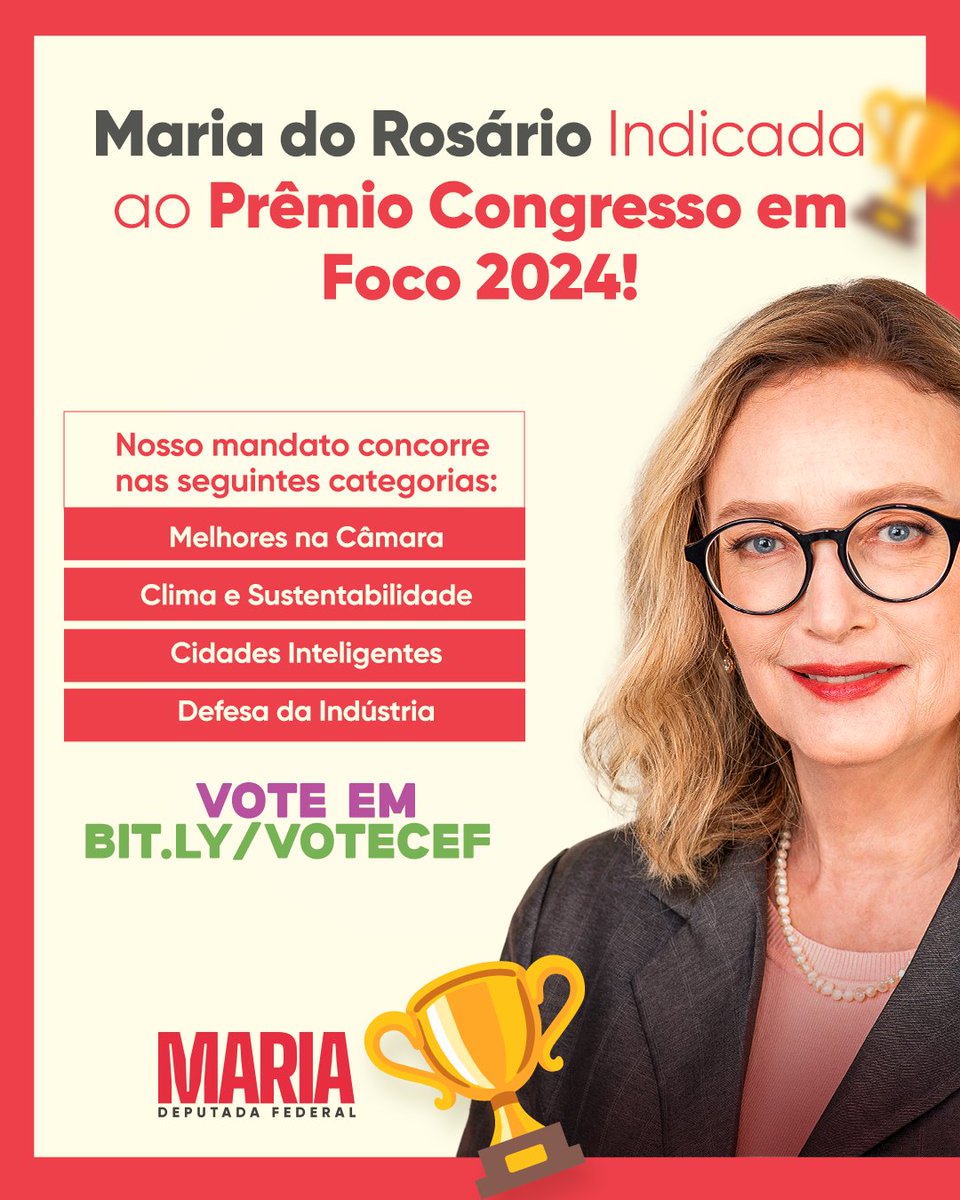 mariadorosario's tweet photo. É com entusiasmo que mais uma vez nosso mandato é indicado ao Prêmio Congresso em Foco, uma das premiações mais importantes da política brasileira. Nossa indicação é fruto do trabalho que estamos desenvolvendo no decorrer de tantos anos ao povo brasileiro, o que muito me orgulha.

A votação se iniciou hoje e segue até o dia 31 deste mês. Com alegria e orgulho, peço teu voto!

Vote em https://t.co/F8YSR13PVR